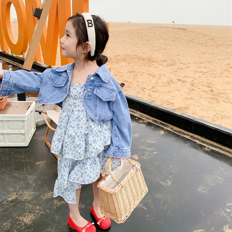 Summer Girl Set Denim Short Jacket With Suspender Dress Two-piece Set