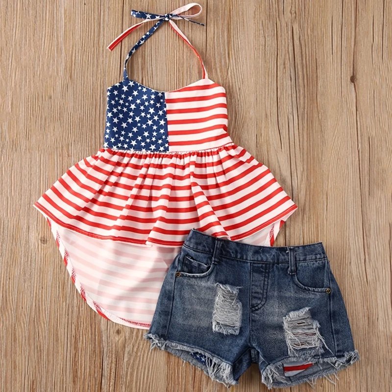 2pcs Patriotic Girls Outfit - 4th of July Asymmetrical Halter Dress with National Flag Motif & Trendy Ripped Denim Shorts - Kids