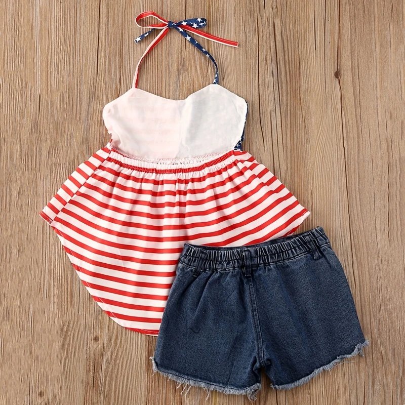 2pcs Patriotic Girls Outfit - 4th of July Asymmetrical Halter Dress with National Flag Motif & Trendy Ripped Denim Shorts - Kids