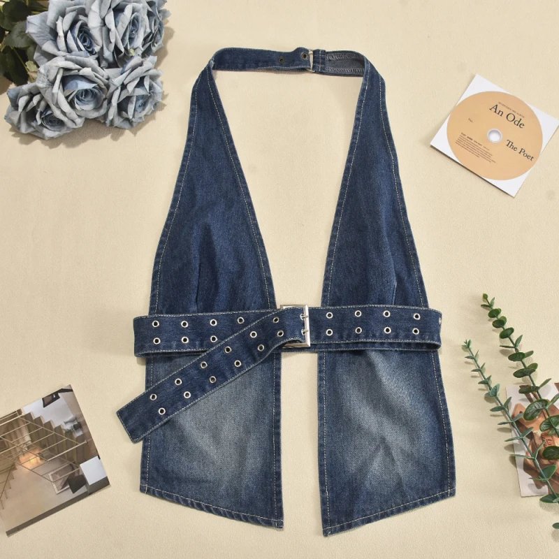 Sexy Women Summer Top Hollow Out Back Denim Halter Top With Adjusting belt
