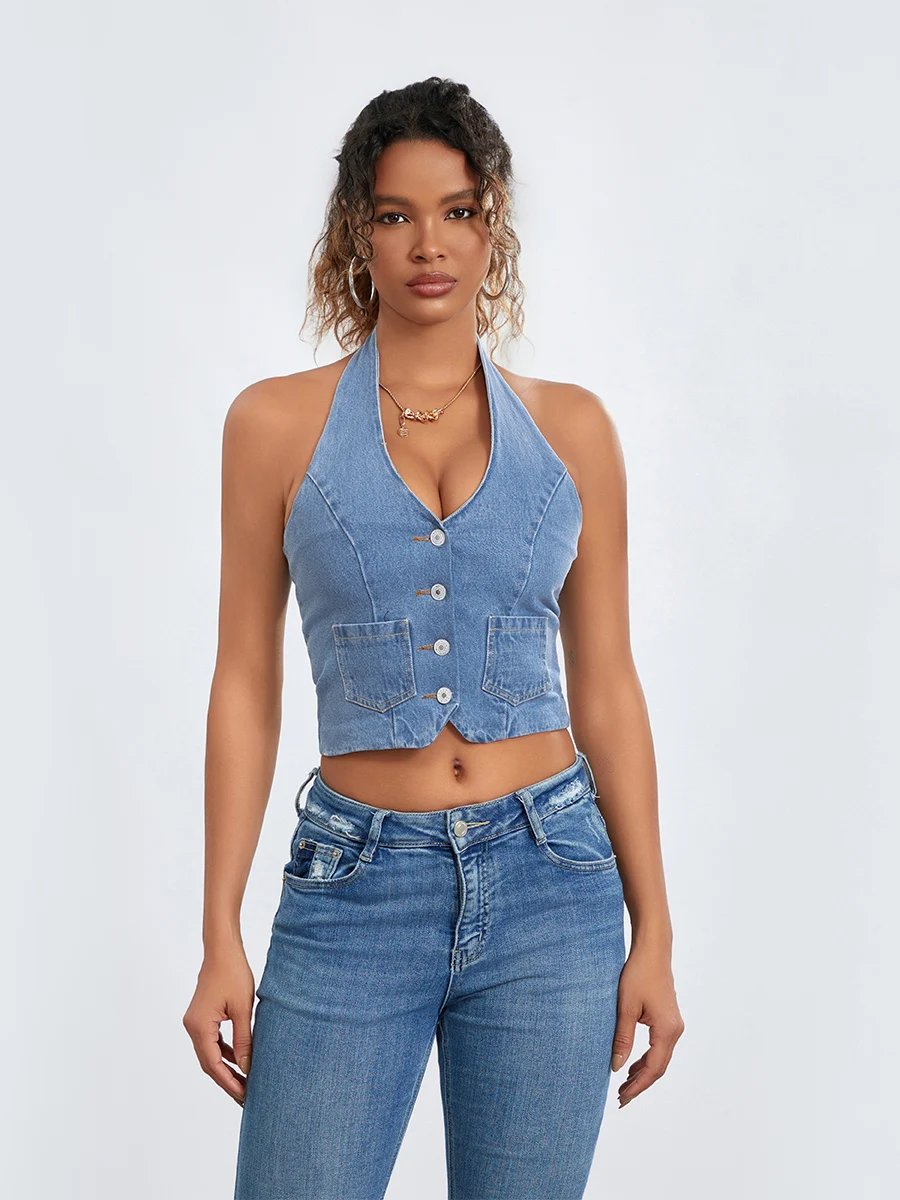 Women s Y2K Going Out Denim Tops Sexy Deep V Neck Halter Denim Waistcoat Vintage Cropped Jean Top for Club Party Streetwear