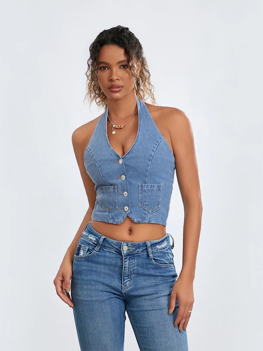 Women s Y2K Going Out Denim Tops Sexy Deep V Neck Halter Denim Waistcoat Vintage Cropped Jean Top for Club Party Streetwear