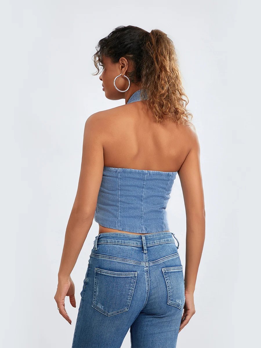 Women s Y2K Going Out Denim Tops Sexy Deep V Neck Halter Denim Waistcoat Vintage Cropped Jean Top for Club Party Streetwear