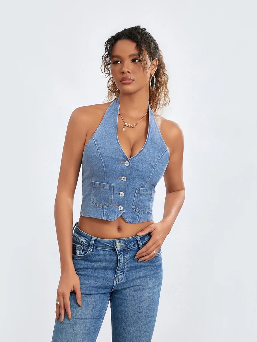 Women s Y2K Going Out Denim Tops Sexy Deep V Neck Halter Denim Waistcoat Vintage Cropped Jean Top for Club Party Streetwear