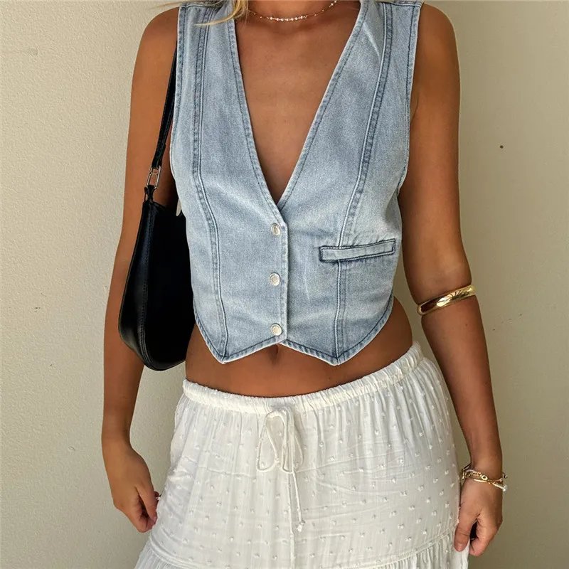Gaono Women Y2k Vintage Button Down Denim Vest Sexy V Neck Retro Cowgirl Crop Jean Corset Top Grunge Rave Outfits Streetwear