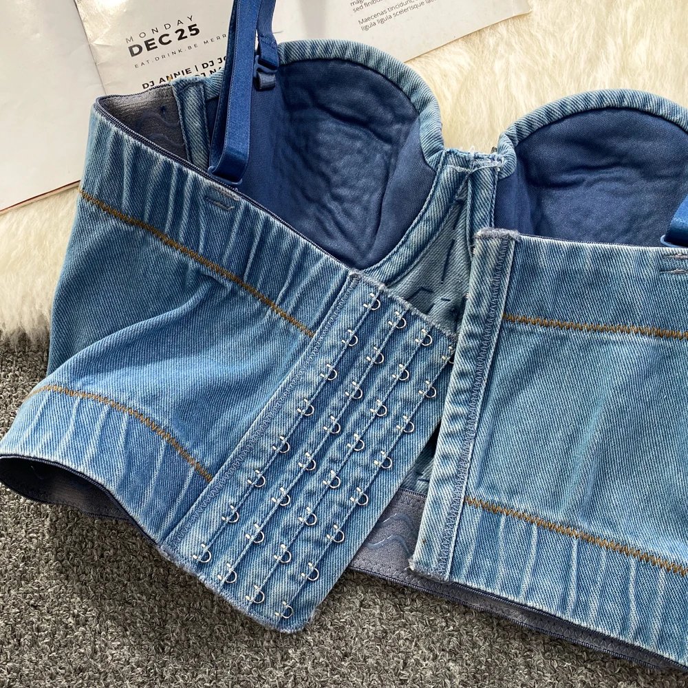 Hot Girl Sexy Retro Cross Denim Camisole Women Outer Wear Design Heavy Industry Beads Colorful Diamond Short Sleeveless Vest Top