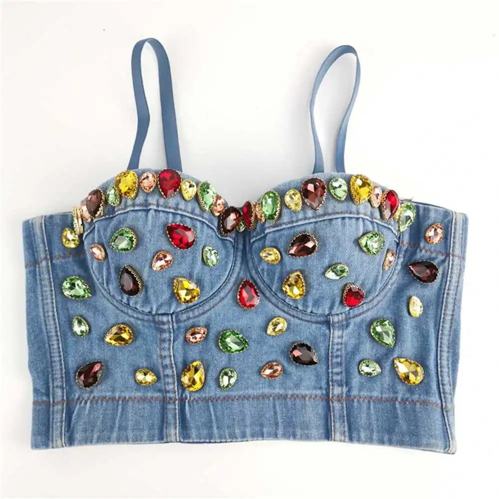 Sexy Denim Rhinestone Corset Camisoles Bustiers Bra Party Club Streetwear Lingerie Look Stage costumes