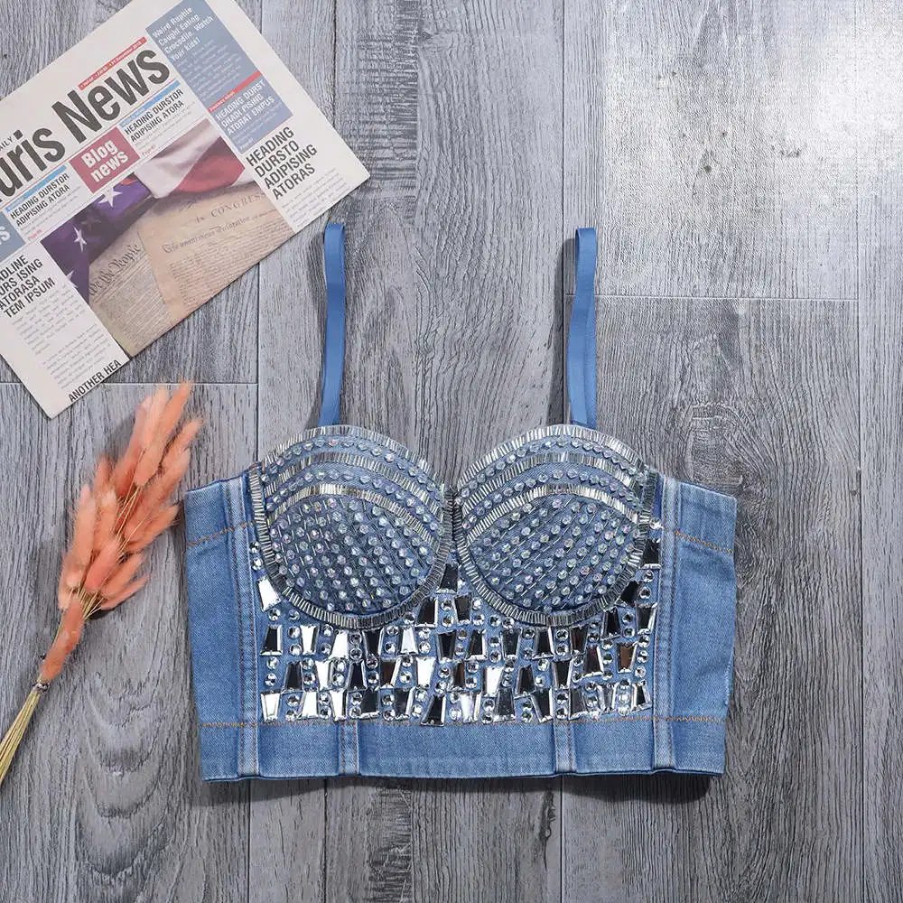 Sexy Denim Rhinestone Corset Camisoles Bustiers Bra Party Club Streetwear Lingerie Look Stage costumes