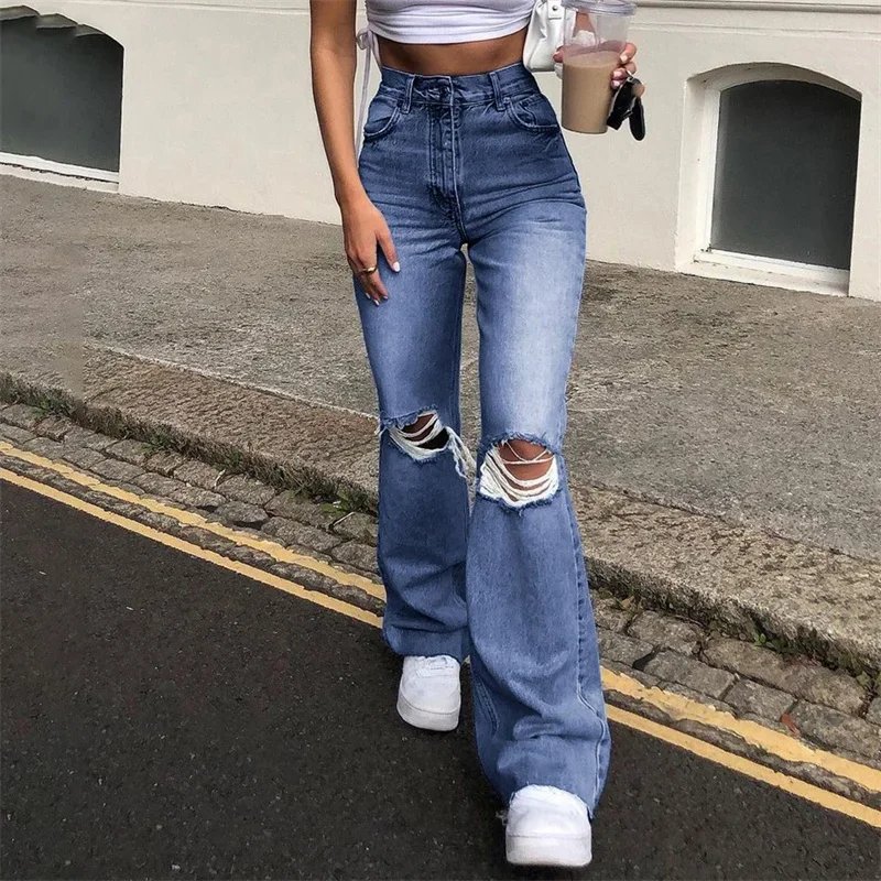Fashion Casual Wide Leg Denim Women Broken Holes Button Flared Jeans Streetwear High Waist Pants Female Daily Versatile Basic 22
