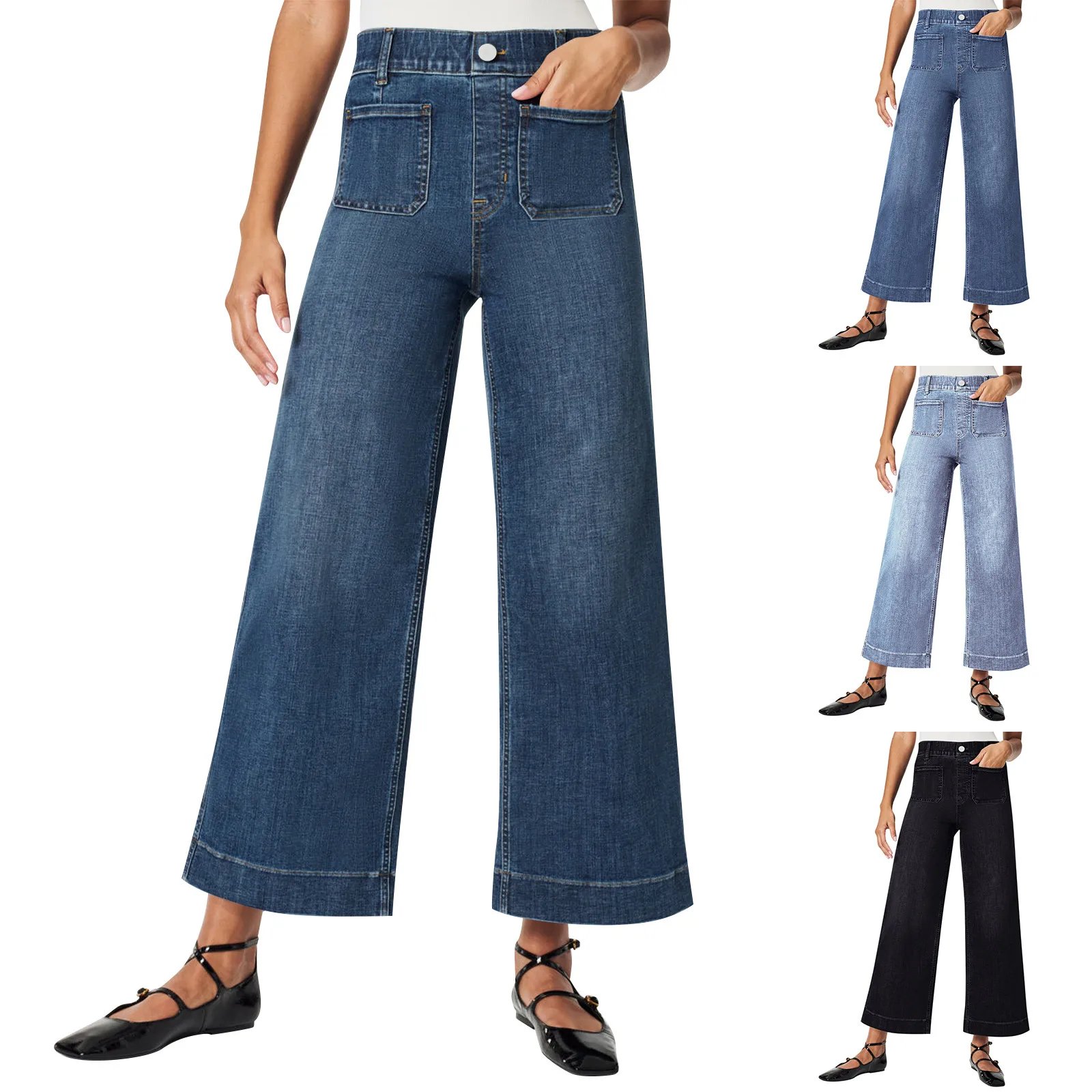 Denim Jeans Women Straight Pants Washing High Waist Loose Pockets Basics Ankle Length Y2k Blue Pants Streetwear Slight Strech