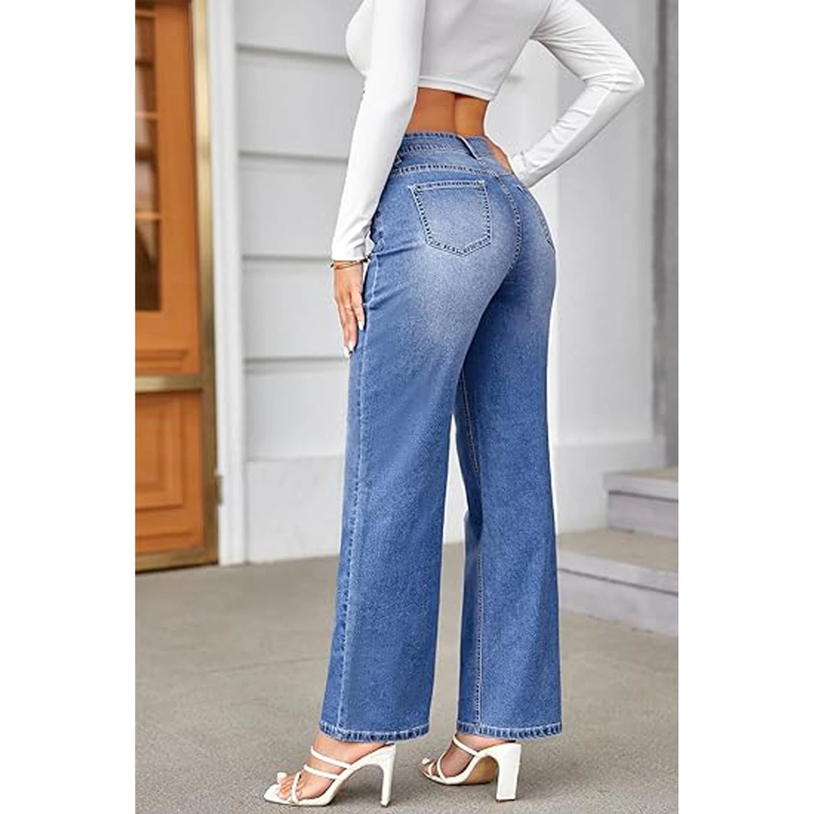 Denim Jeans Women's Straight Pants With Pockets Fashion High Waisted Baggy Jeans Basics Blue Wide Leg White Jeans For Women