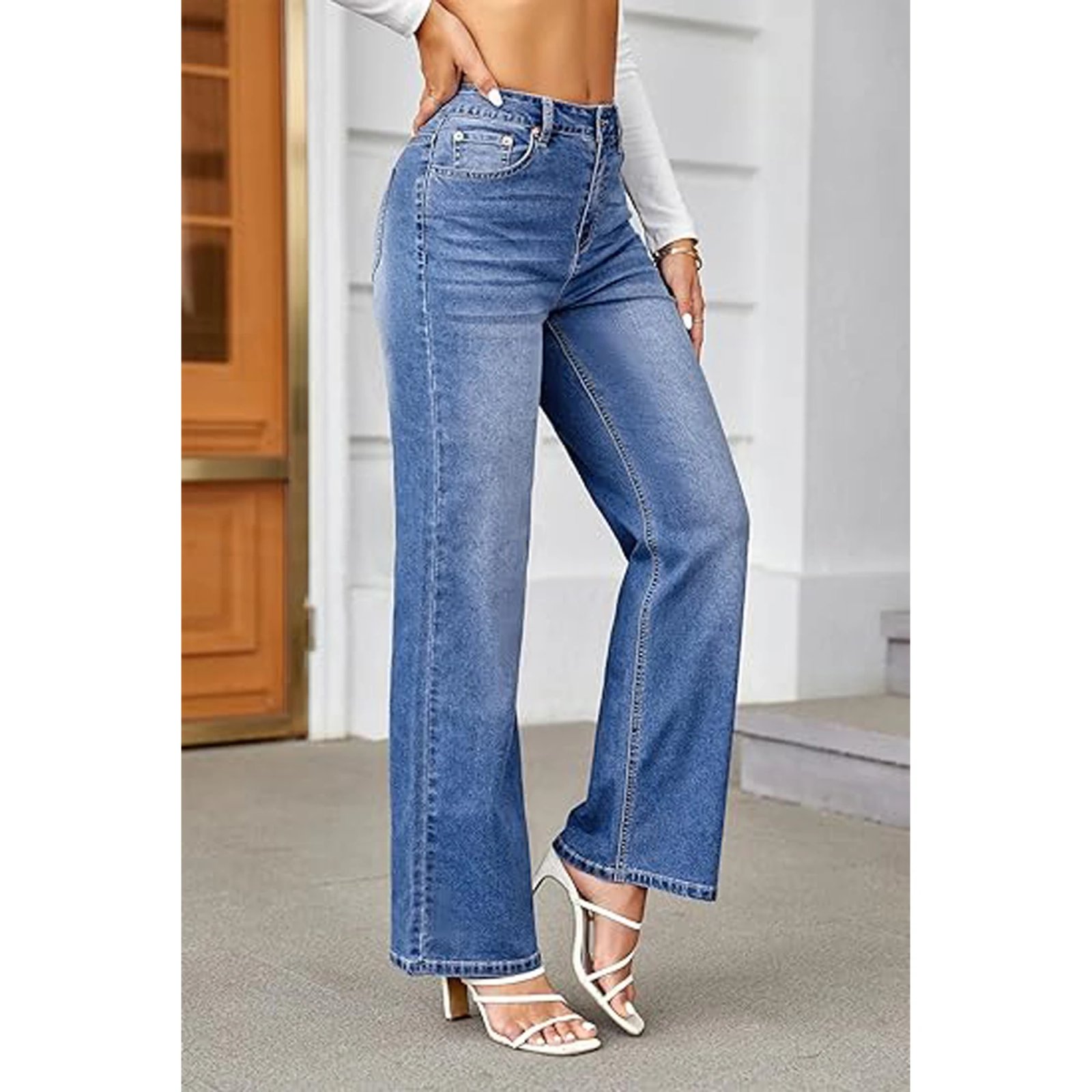 Denim Jeans Women's Straight Pants With Pockets Fashion High Waisted Baggy Jeans Basics Blue Wide Leg White Jeans For Women