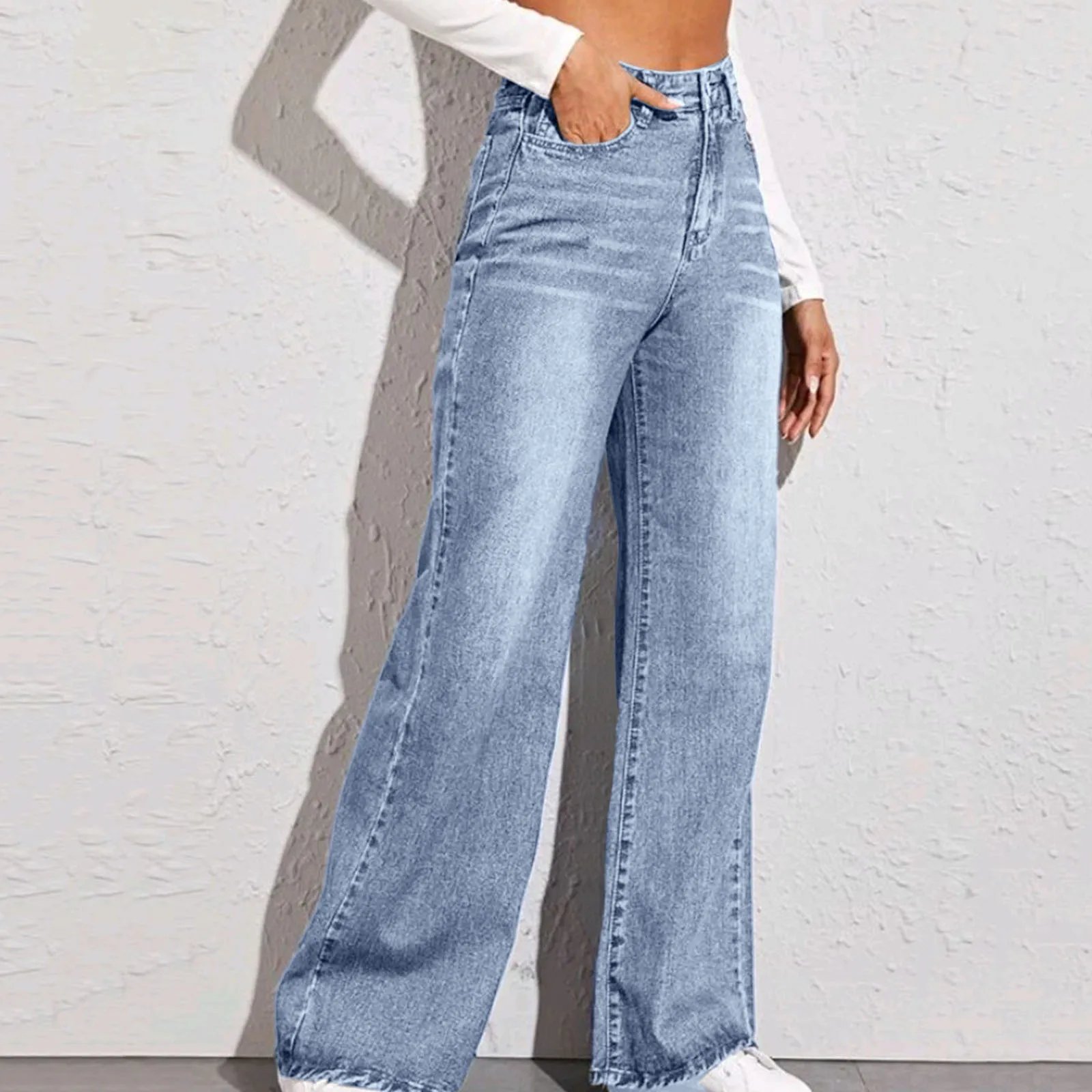 Women Jeans Straight Pants Denim Washing High Waist Loose Fit Pockets Basics Ankle Length Pants Solid Color Slight Stretch