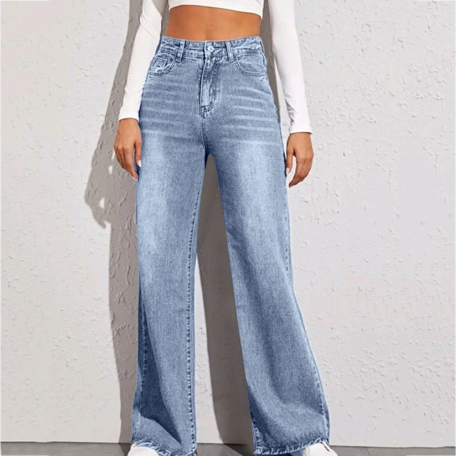 Women Jeans Straight Pants Denim Washing High Waist Loose Fit Pockets Basics Ankle Length Pants Solid Color Slight Stretch