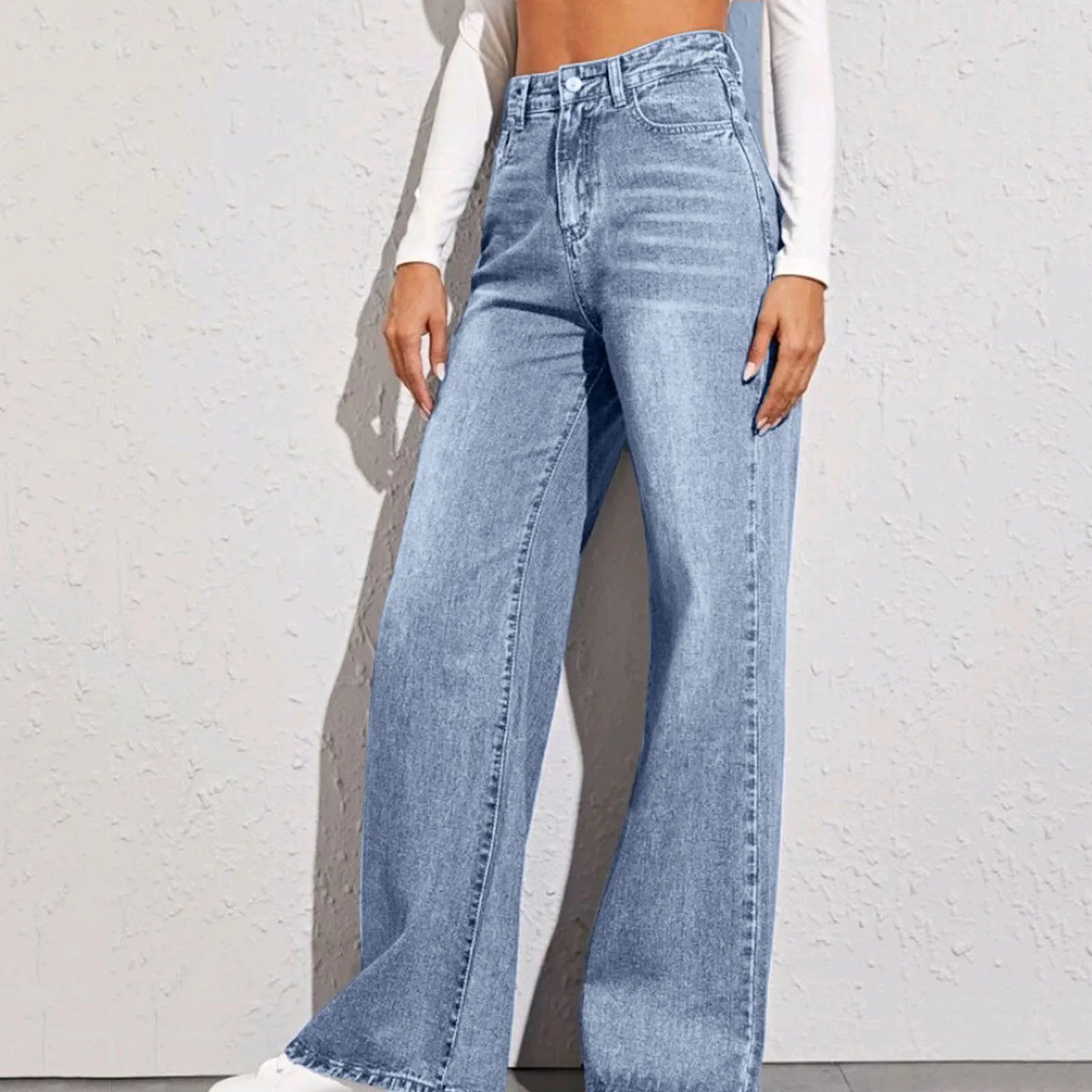 Women Jeans Straight Pants Denim Washing High Waist Loose Fit Pockets Basics Ankle Length Pants Solid Color Slight Stretch