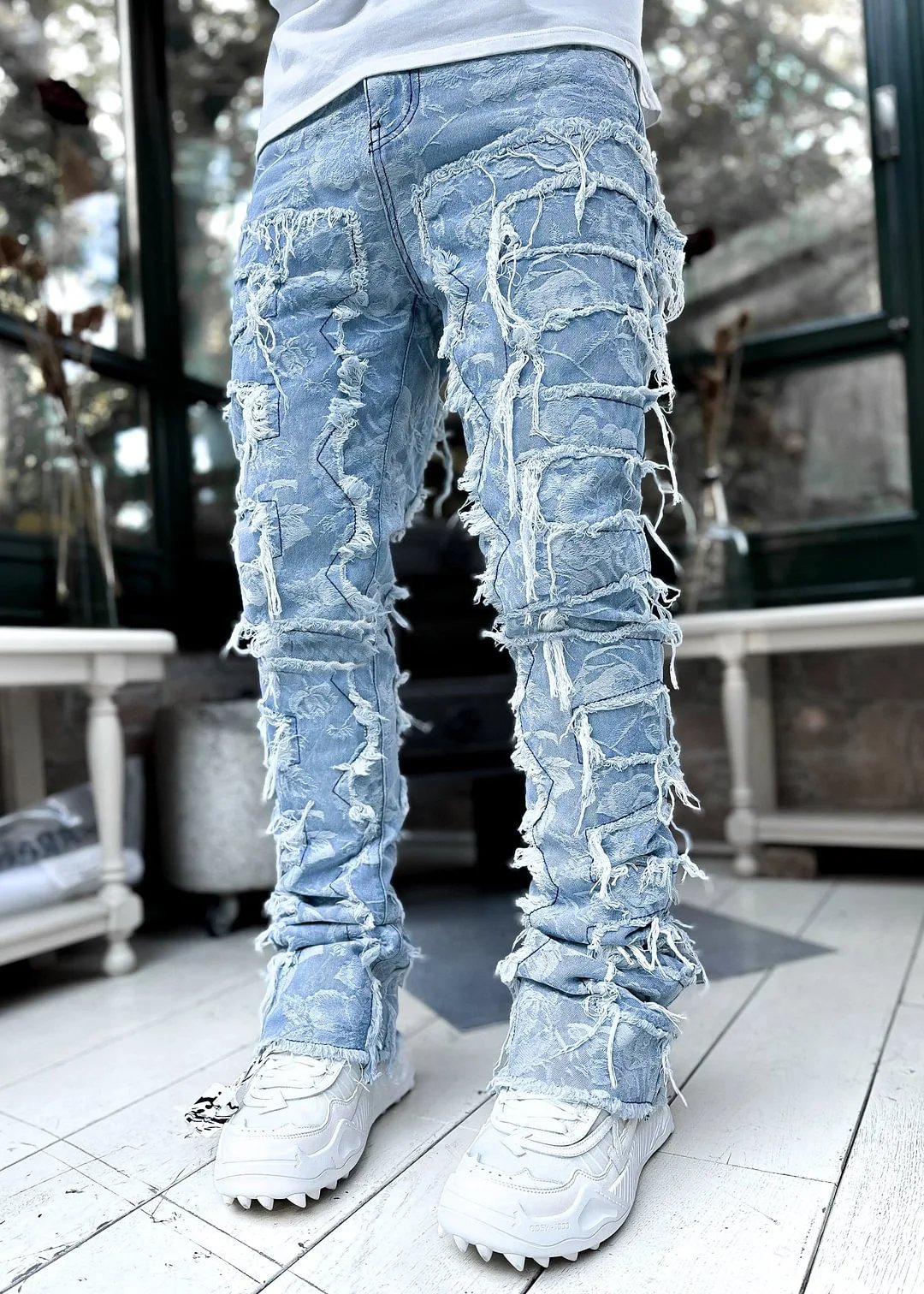 2024 New European and American Heavyweight Streetwise Stretch Patch Jeans for Men, High Street Straight Fit Long Jeans