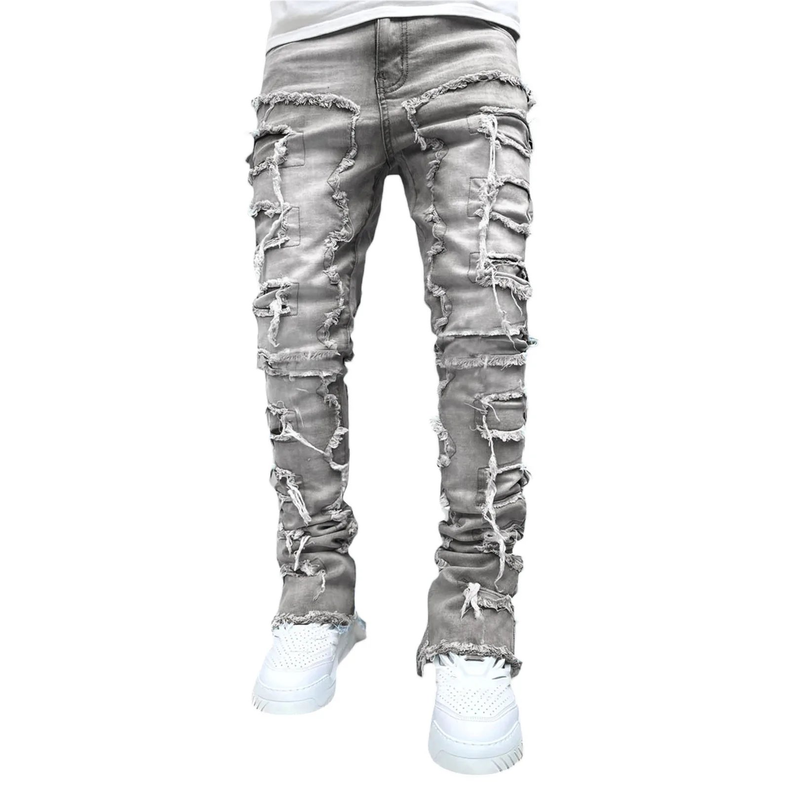 2024 New European and American Heavyweight Streetwise Stretch Patch Jeans for Men, High Street Straight Fit Long Jeans