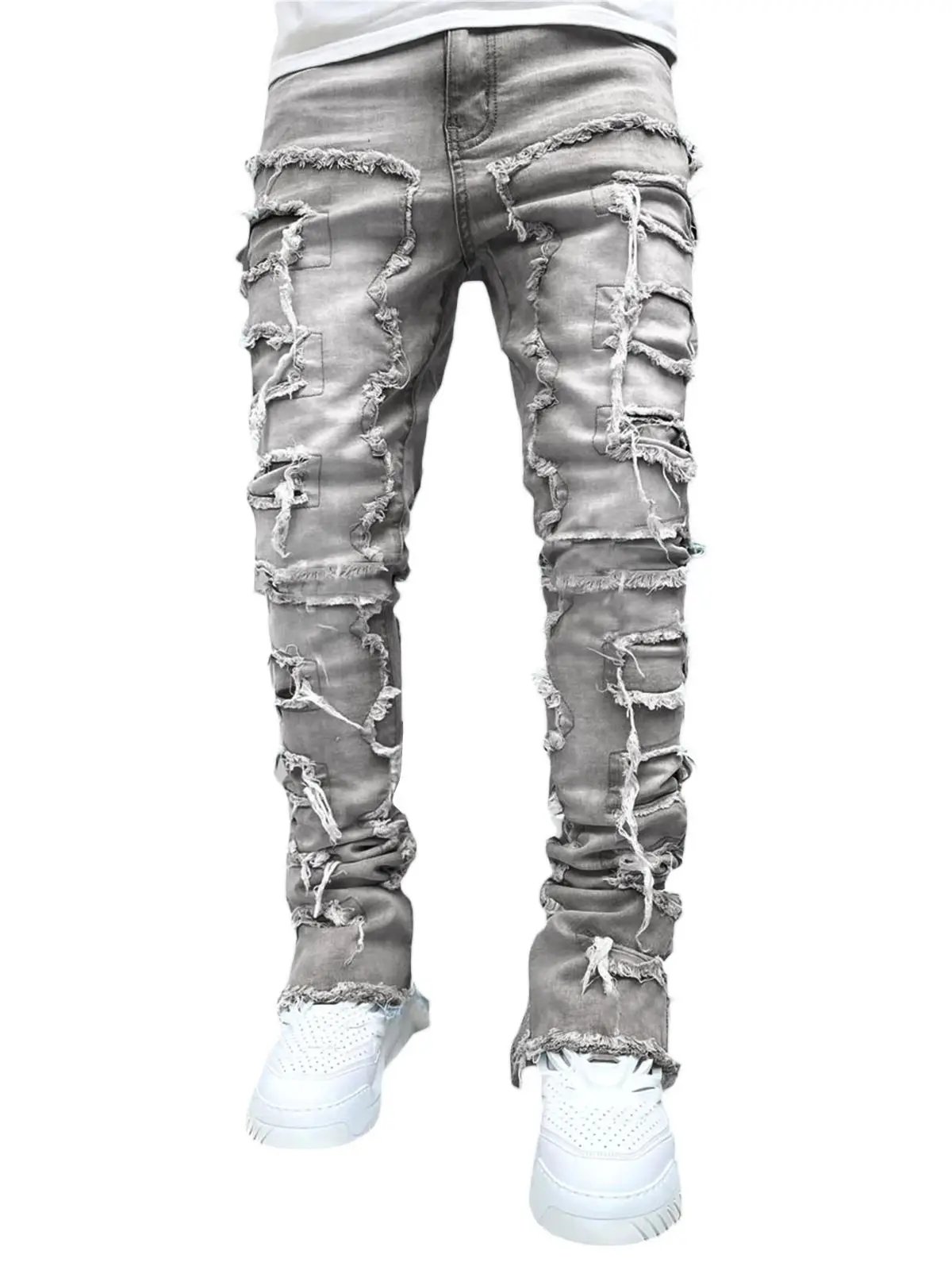 2024 New European and American Heavyweight Streetwise Stretch Patch Jeans for Men, High Street Straight Fit Long Jeans