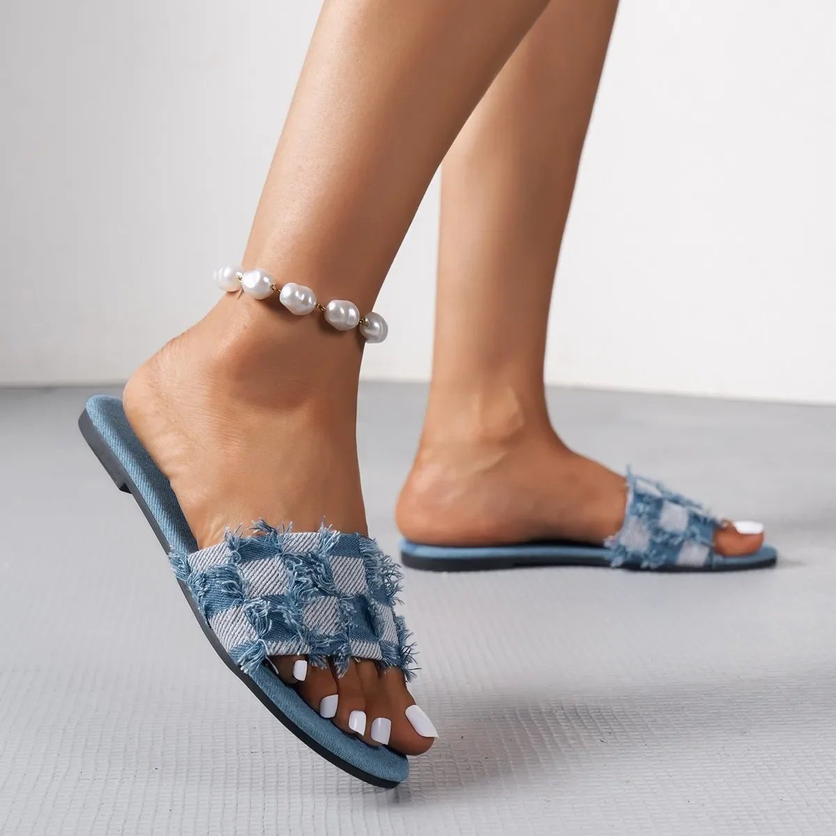 Denims Checkered Design Summer Slides