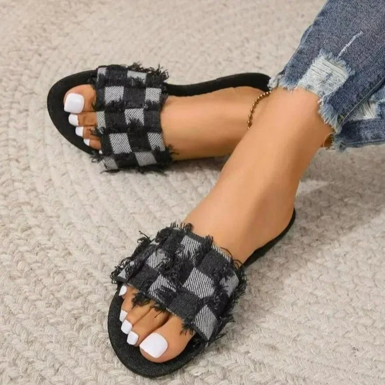 Denims Checkered Design Summer Slides