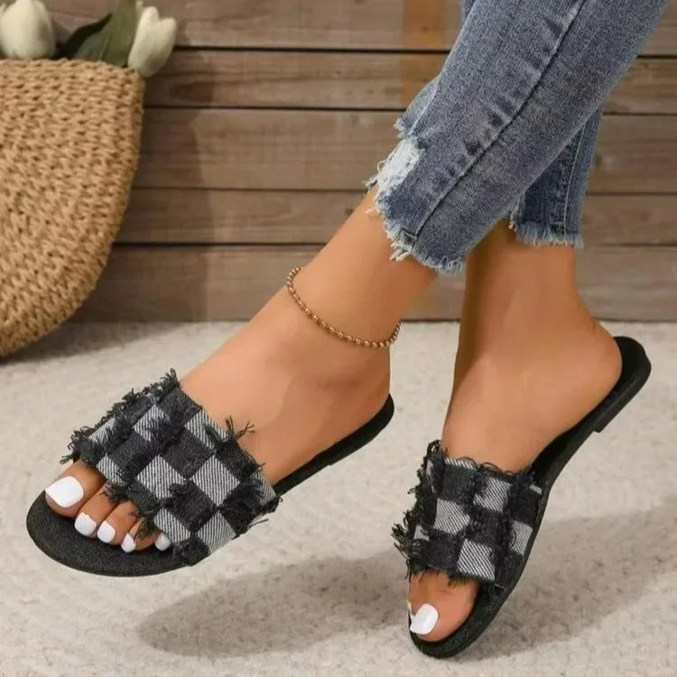 Denims Checkered Design Summer Slides