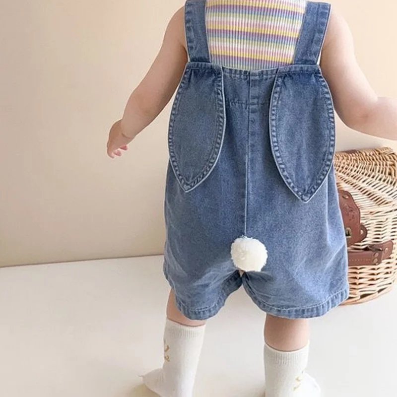 Summer Girls' Suspenders Korean Version Children Kids Cute Bunny Ears Retro Sweet All-Match Basic Denim Shorts For 1-12 Years