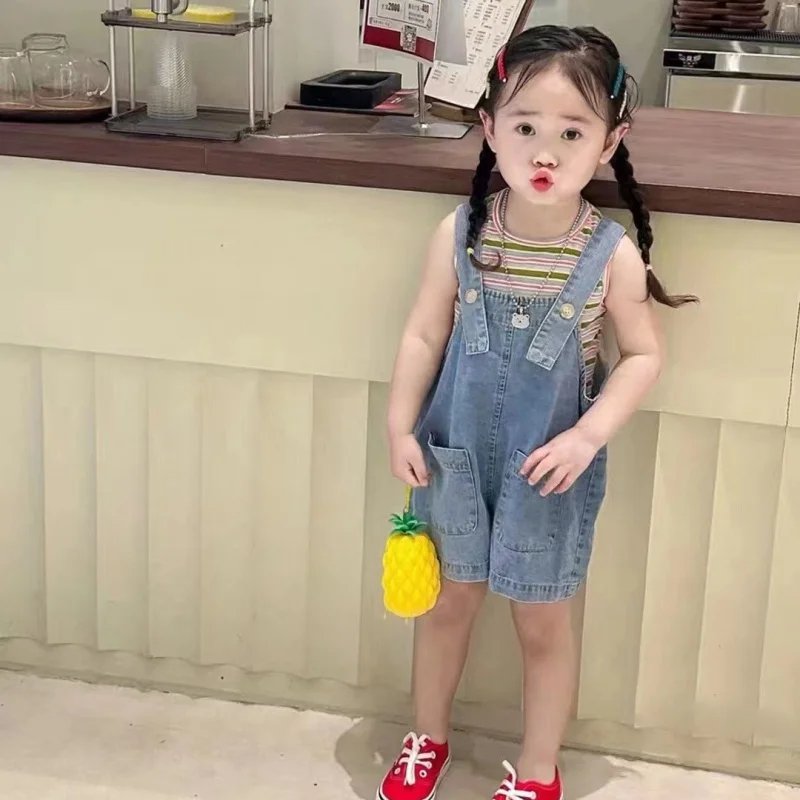 Summer Girls' Suspenders Korean Version Children Kids Cute Bunny Ears Retro Sweet All-Match Basic Denim Shorts For 1-12 Years