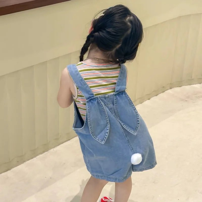 Summer Girls' Suspenders Korean Version Children Kids Cute Bunny Ears Retro Sweet All-Match Basic Denim Shorts For 1-12 Years