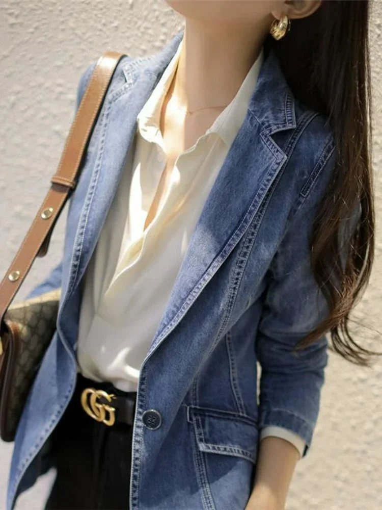 Vintage Suit Women Jeans Jacket Casual Tops Loose Short Denim Blazer Outwear Female Cowboy Basic Coat New 2024 Spring Autumn