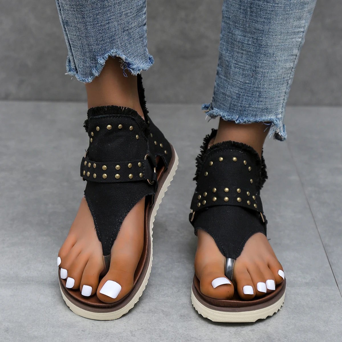 Women's Casual Denim Sandals Women Gladiator Sandals Back Zipper Open Toe Non Slip Thong Sandals, Versatile Roman Style Shoes