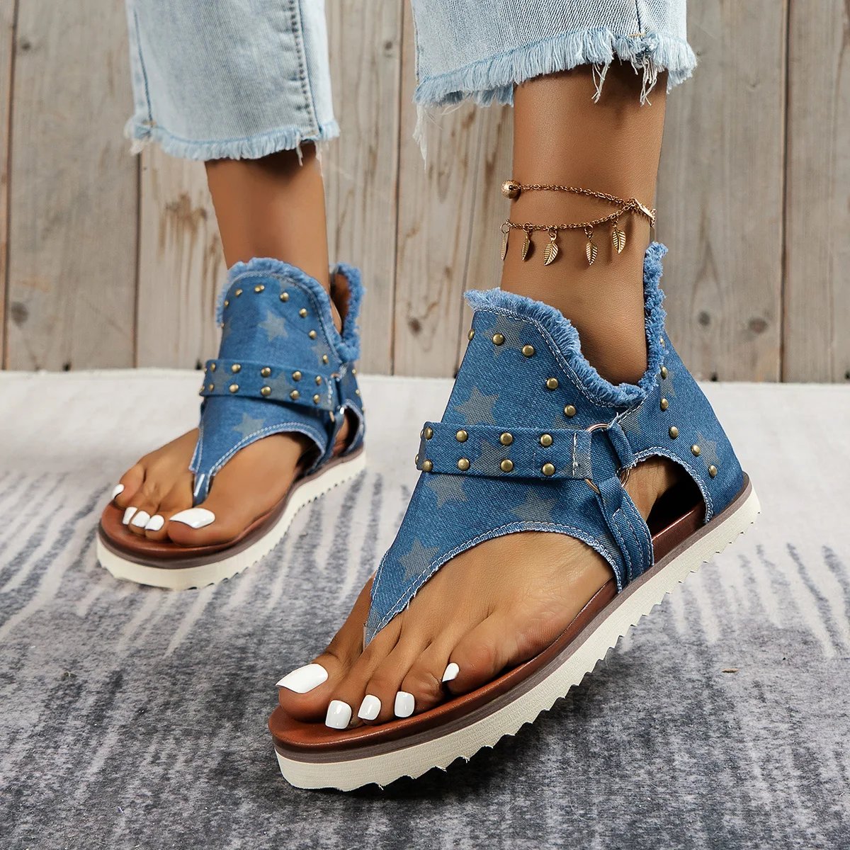 Women's Casual Denim Sandals Women Gladiator Sandals Back Zipper Open Toe Non Slip Thong Sandals, Versatile Roman Style Shoes