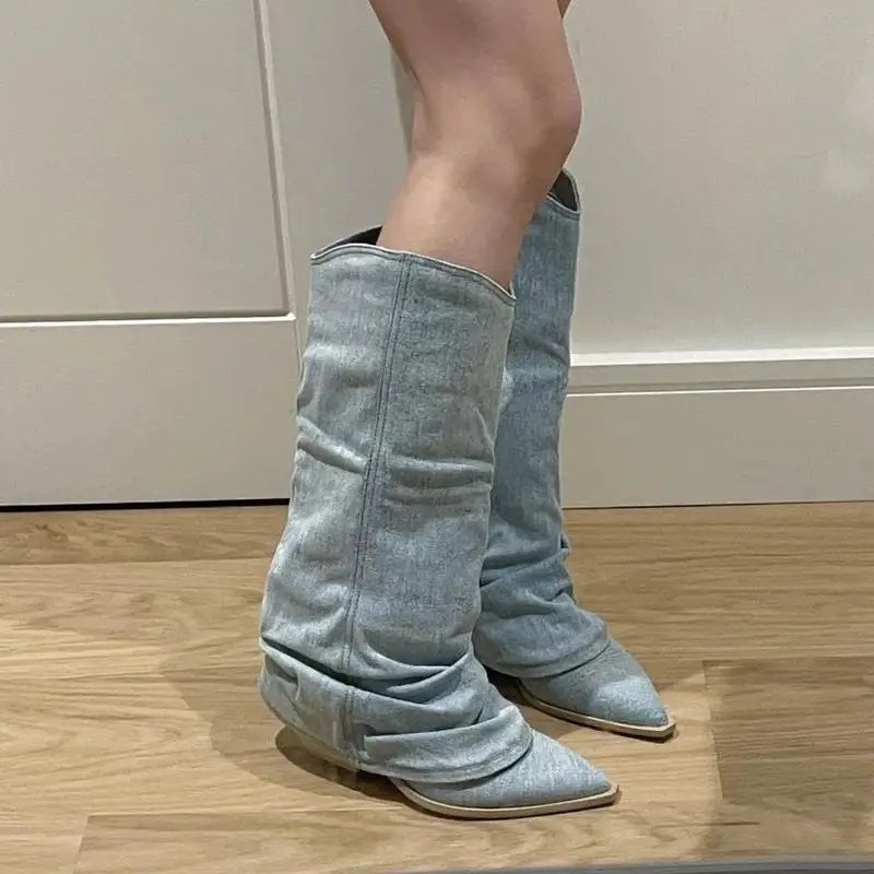 Vintage Pleated Denim Knee-High Boots Women 2023 Autumn Slip-On Pointed Toe Long Boots Woman Thick Heeled Western Cowboy Booties