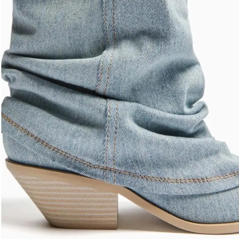 Vintage Pleated Denim Knee-High Boots Women 2023 Autumn Slip-On Pointed Toe Long Boots Woman Thick Heeled Western Cowboy Booties