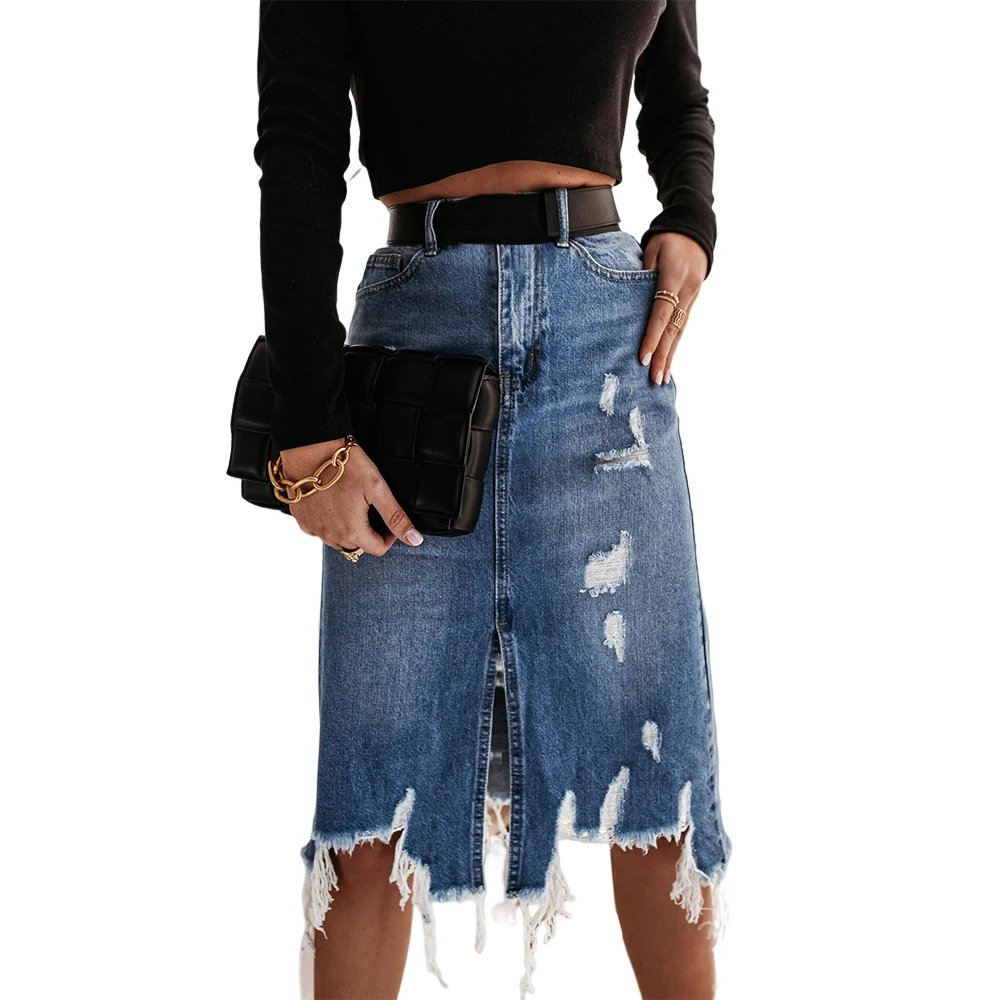 Vintage Loose Chic Skirts For Women Elegant High Waist Office Lady Long Skirt Fashion Blue Denim Skirt Female Clothing