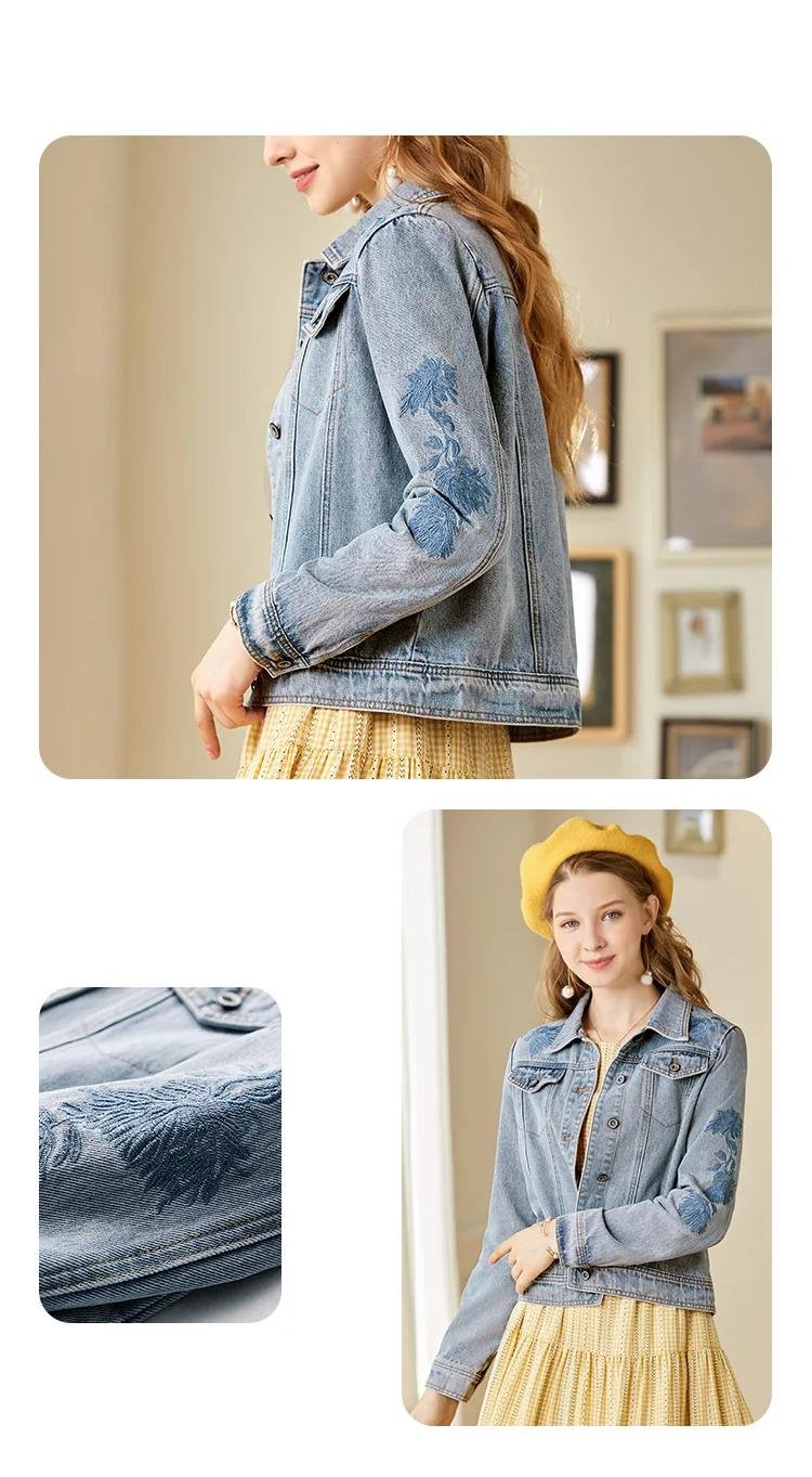 I BELIEVE YOU Light Blue Denim Coat For Women Retro Wash Casual Art Embroidery 2023 Autumn Short New Basics Jacket CWN203164A