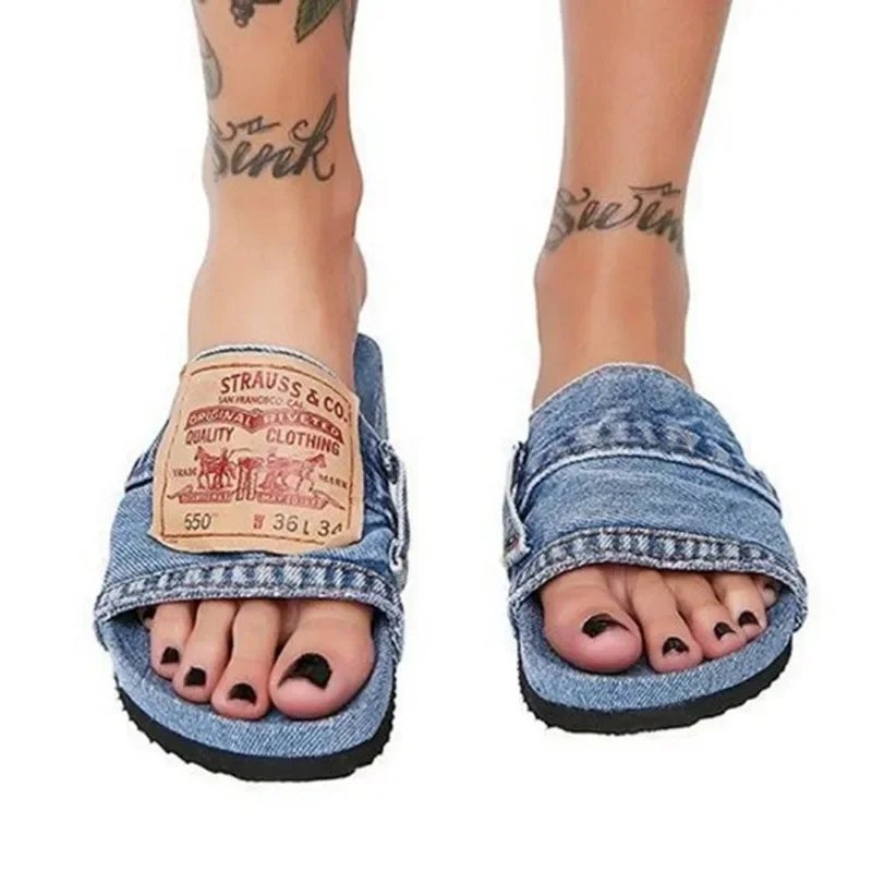 Zapatillas de mezclilla antideslizantes tela vaquera , chanclas planas cómodas, zapatos informales de playa al aire libre, 2024