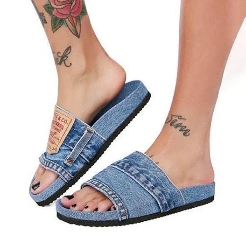 Zapatillas de mezclilla antideslizantes tela vaquera , chanclas planas cómodas, zapatos informales de playa al aire libre, 2024