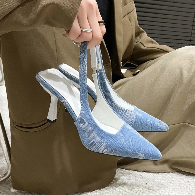 High Heels Canvas Niche Design Denim After Empty High Heels Pointy Shallow Mouth Single Shoes Thin Heel Bao Head Sandals Female
