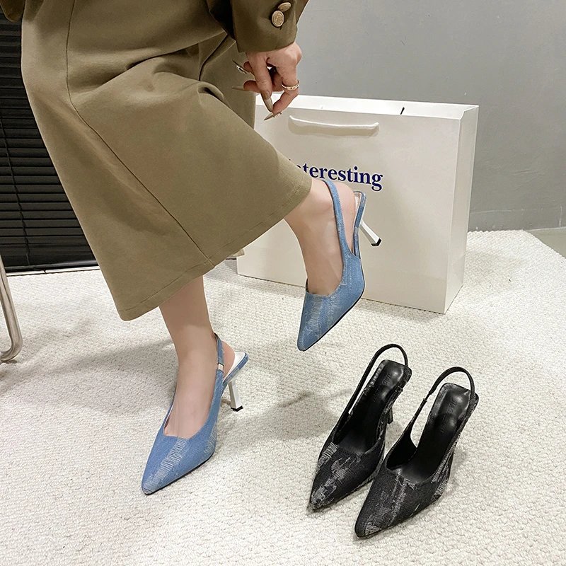 High Heels Canvas Niche Design Denim After Empty High Heels Pointy Shallow Mouth Single Shoes Thin Heel Bao Head Sandals Female