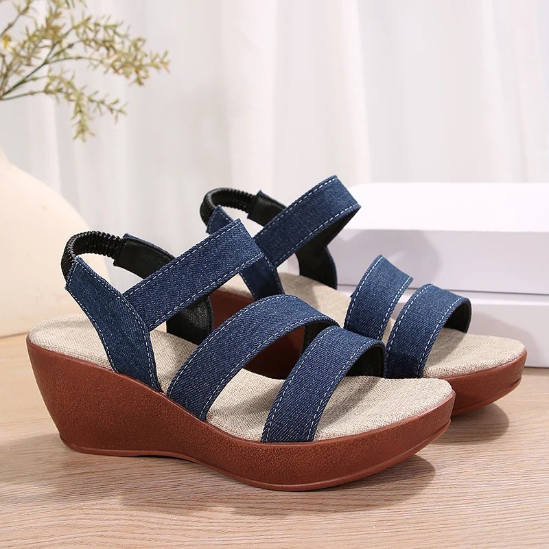 Fashion Denim High Heels Sandals for Women Elastic Band Platform Wedges Sandals Woman 2024 Light Casual Summer Gladiator Shoes