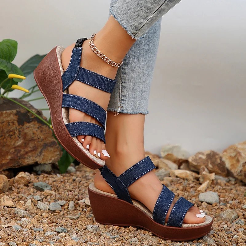 Fashion Denim High Heels Sandals for Women Elastic Band Platform Wedges Sandals Woman 2024 Light Casual Summer Gladiator Shoes