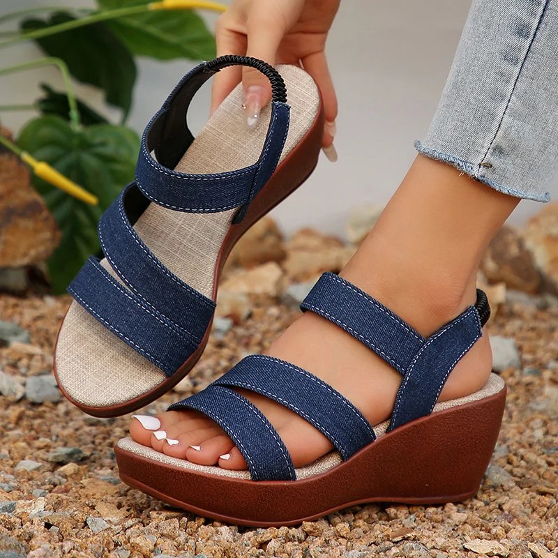 Fashion Denim High Heels Sandals for Women Elastic Band Platform Wedges Sandals Woman 2024 Light Casual Summer Gladiator Shoes