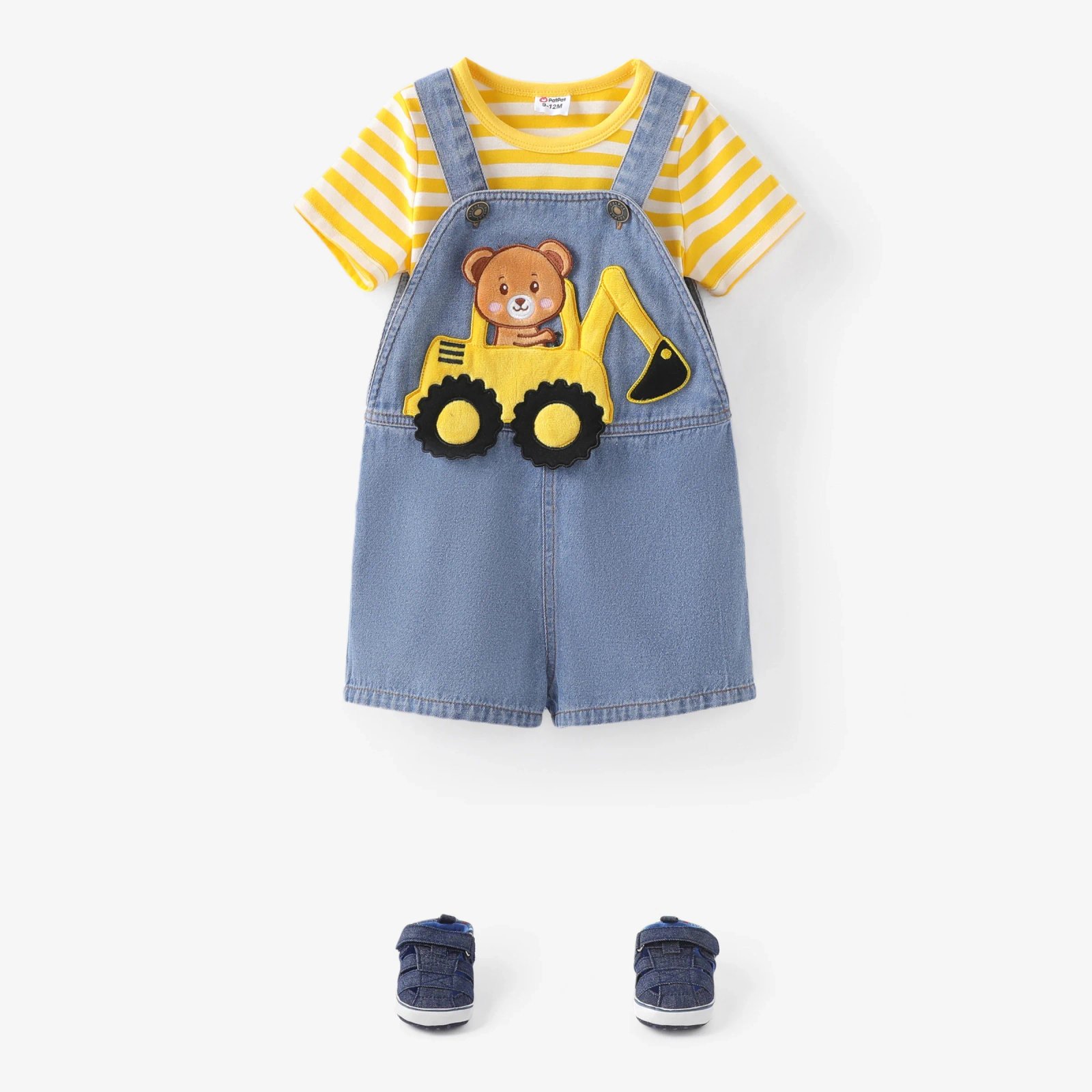 PatPat Baby Boy 2pcs Striped Tee and Bear Vehicle Embroidery Denim Overalls Set Suitable for Summer Season Basic Style