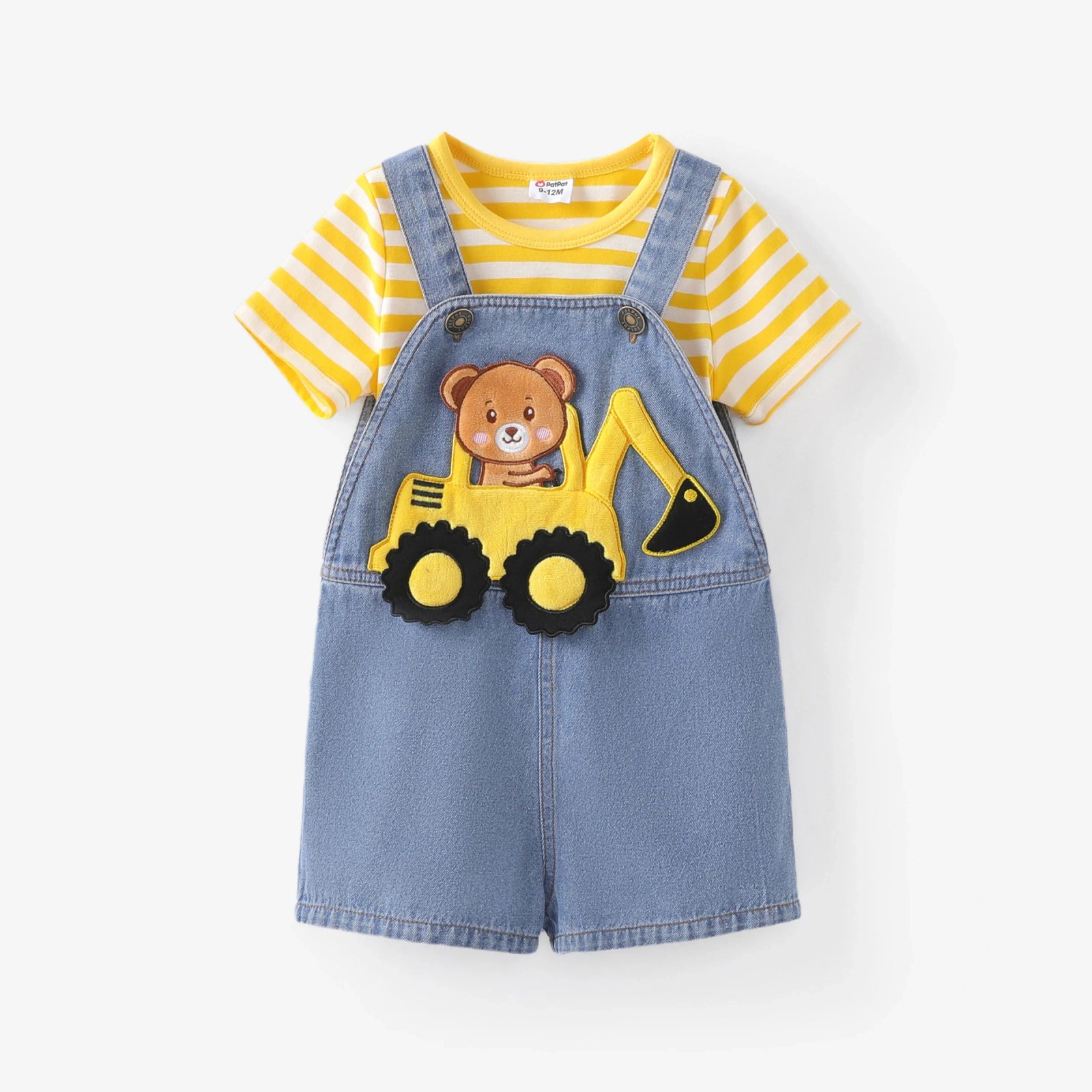PatPat Baby Boy 2pcs Striped Tee and Bear Vehicle Embroidery Denim Overalls Set Suitable for Summer Season Basic Style