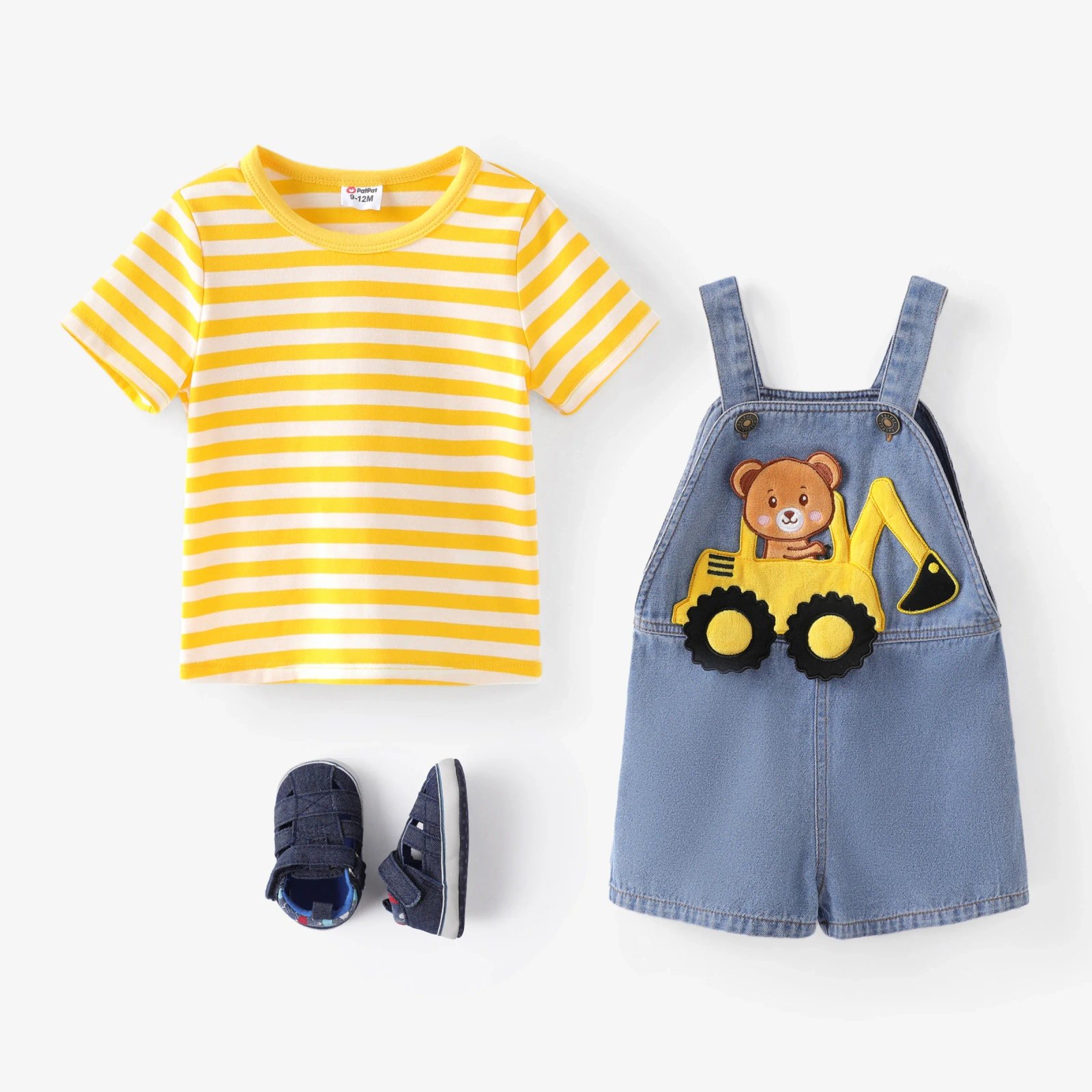 PatPat Baby Boy 2pcs Striped Tee and Bear Vehicle Embroidery Denim Overalls Set Suitable for Summer Season Basic Style