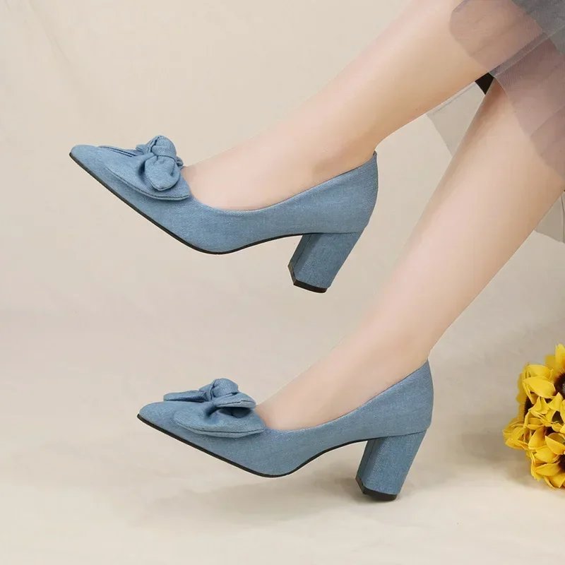 Women Bowknot Denim High Heels Korean Autumn Fashion Elegant Pointed Stiletto Chunky Heels Pumps Party Dress Casual Shoes2024