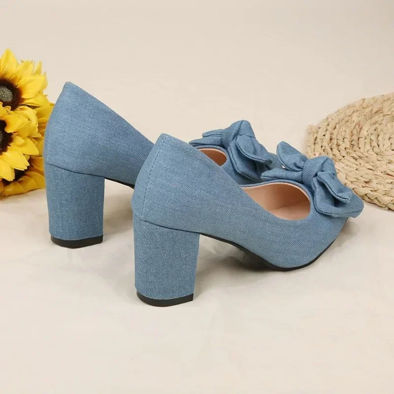 Women Bowknot Denim High Heels Korean Autumn Fashion Elegant Pointed Stiletto Chunky Heels Pumps Party Dress Casual Shoes2024