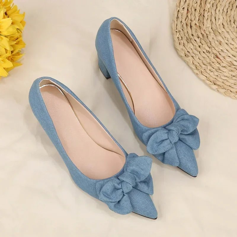 Women Bowknot Denim High Heels Korean Autumn Fashion Elegant Pointed Stiletto Chunky Heels Pumps Party Dress Casual Shoes2024