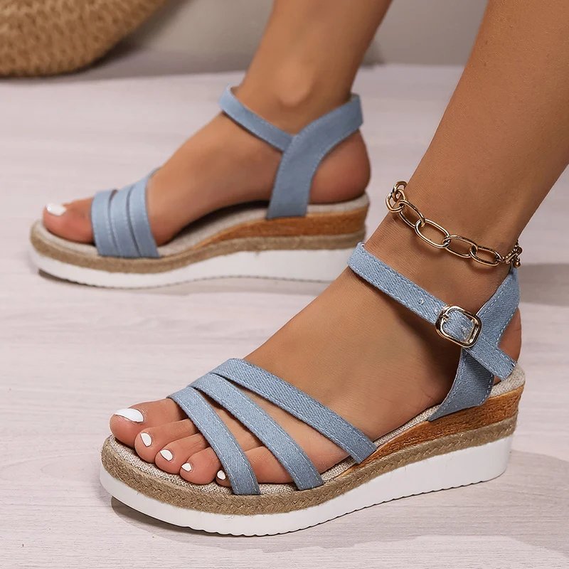 Lucyever 2024 Summer Denim Platform Sandals Women Plus Size Thick Sole Wedge Sandles Woman Ankle Buckle Gladiator Sandalias 43