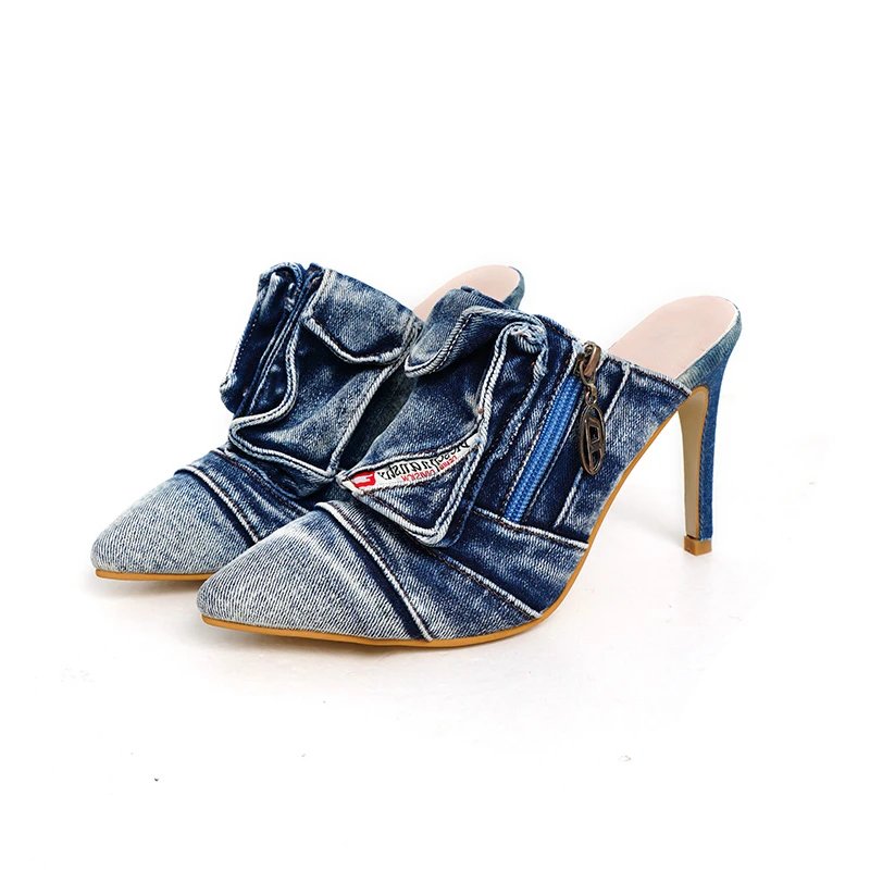 Womens 2024Summer New Fashion Pointed Toe Retro Denim Women's Slippers Outdoor Casual Comfortable Party Dress Women's High Heels